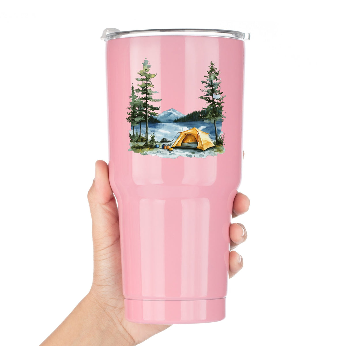 Yellow Tent By Lake UV DTF sticker applied to a pink tumbler