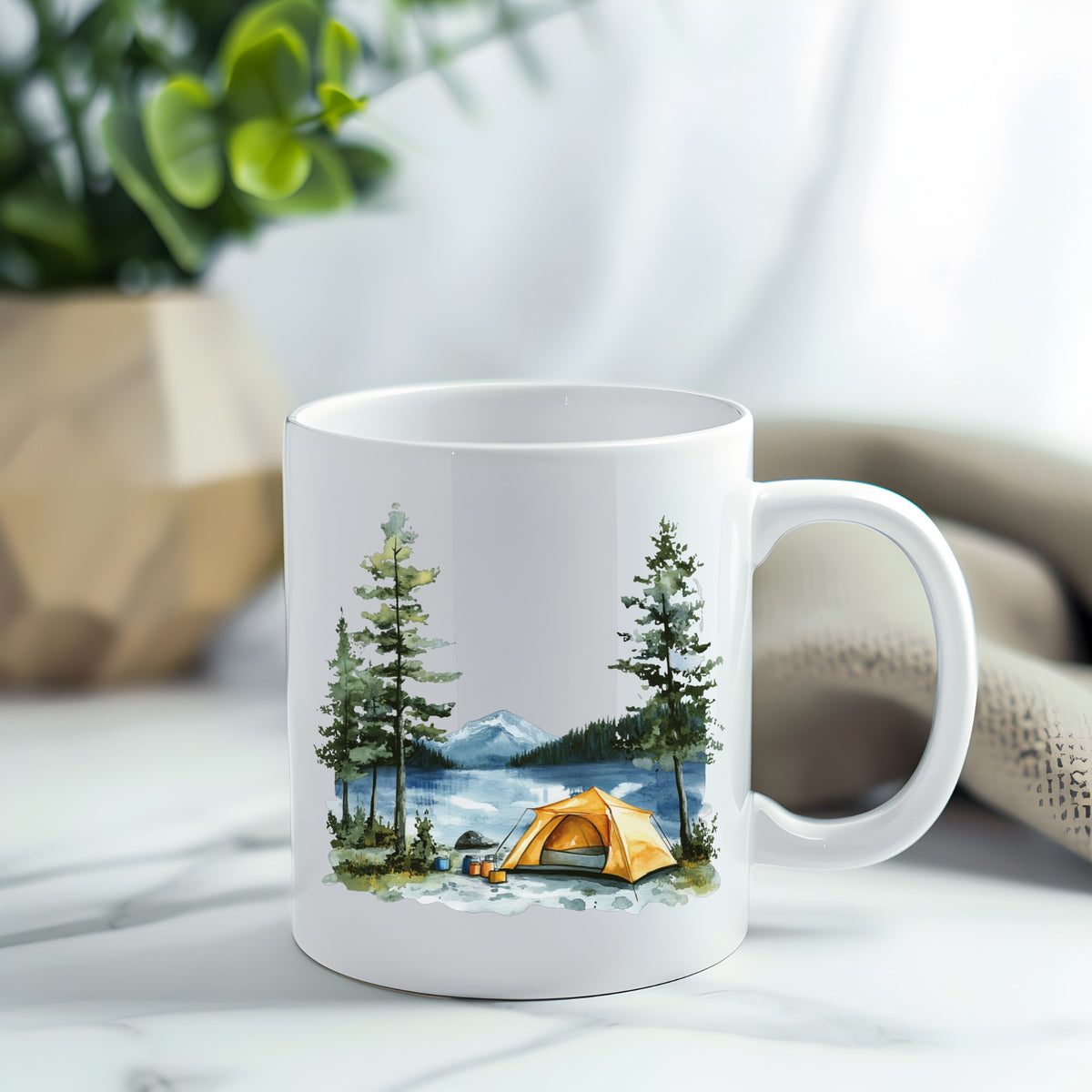 Yellow Tent By Lake UV DTF sticker applied to a white coffee mug