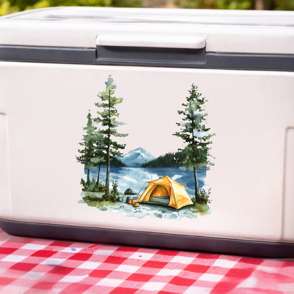 Yellow Tent By Lake UV DTF sticker applied to a white cooler