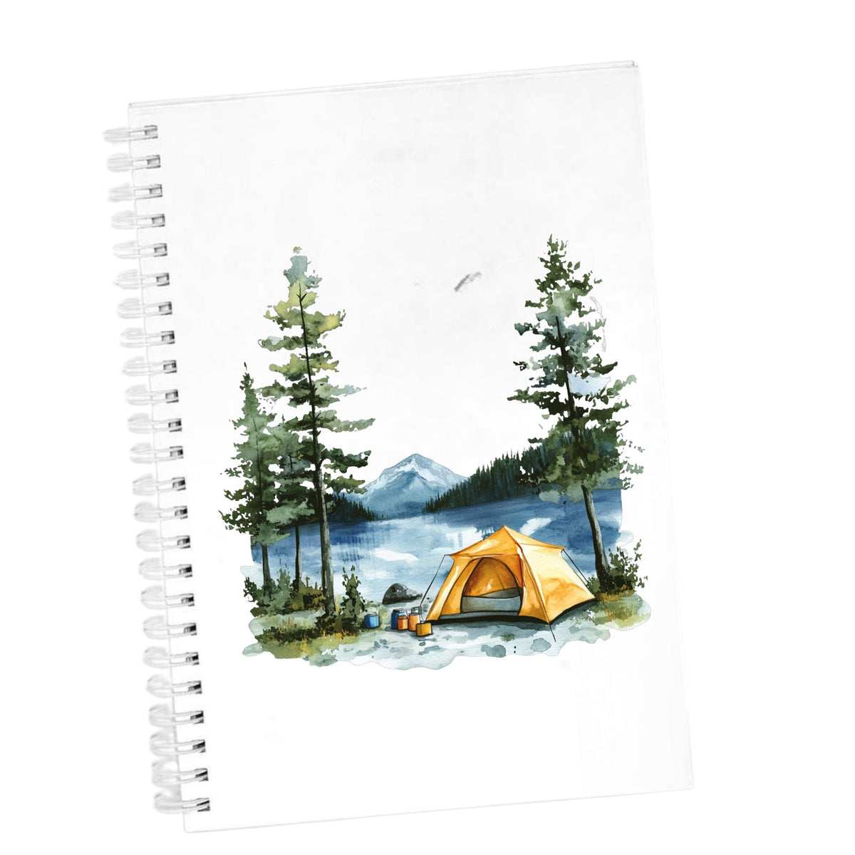 Yellow Tent By Lake UV DTF sticker applied to a white journal