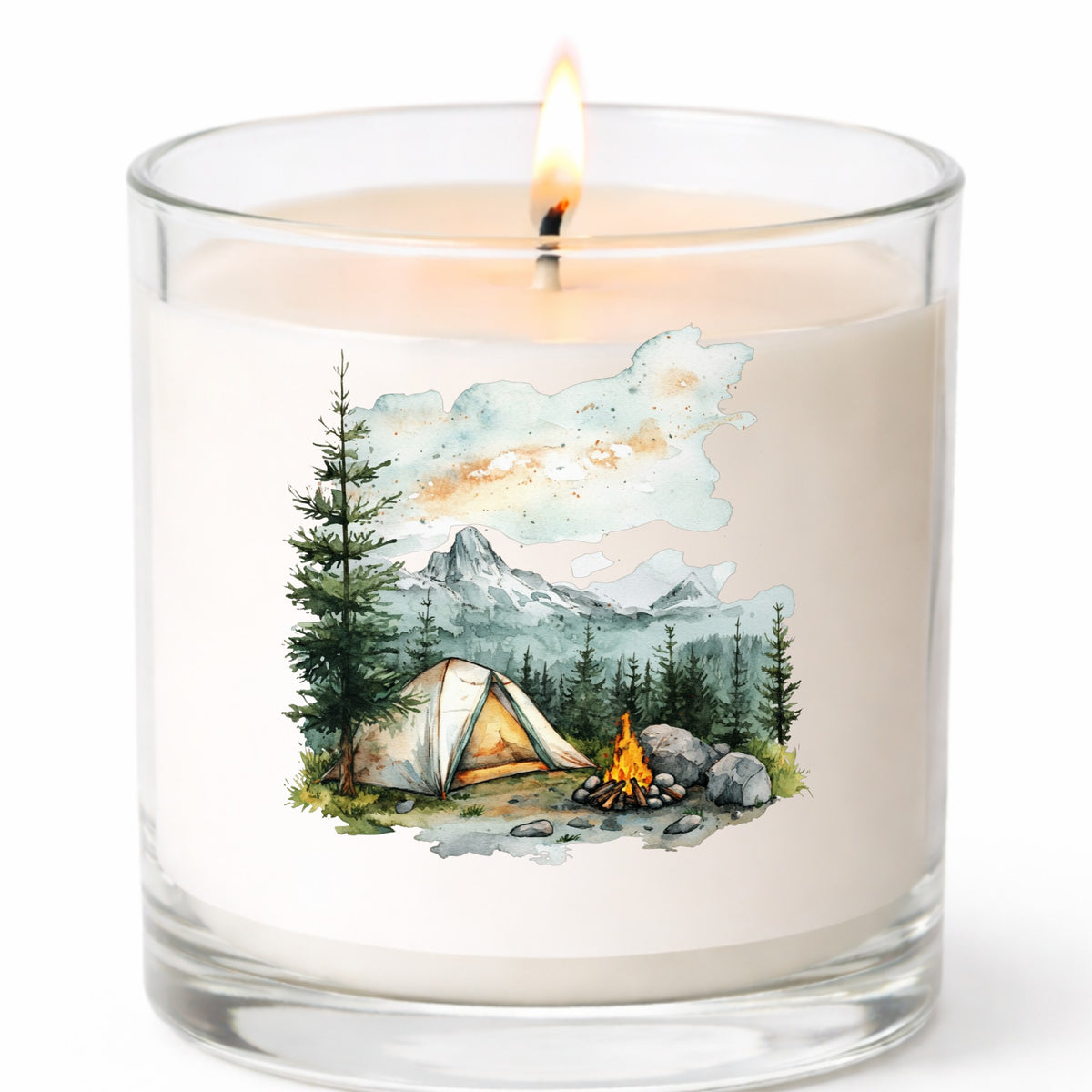 Misty Mountain Campsite UV DTF sticker applied to a candle jar
