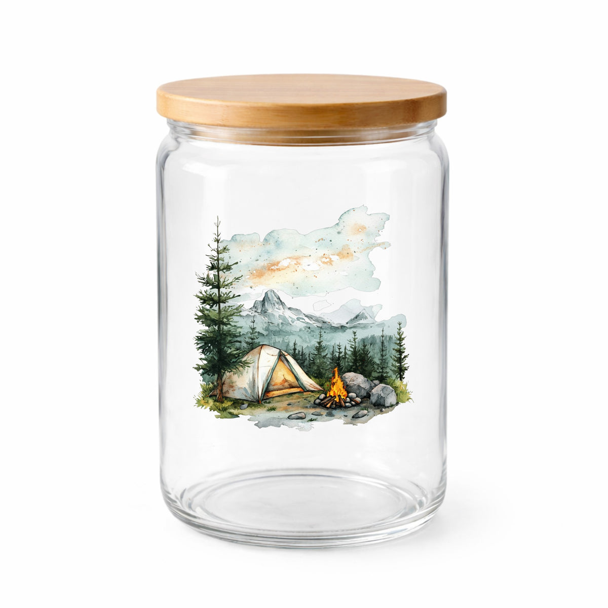 Misty Mountain Campsite UV DTF sticker applied to a clear glass jar with lid