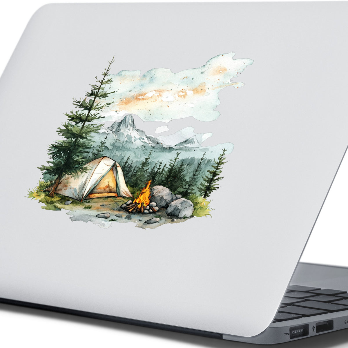 Misty Mountain Campsite UV DTF sticker applied to a laptop