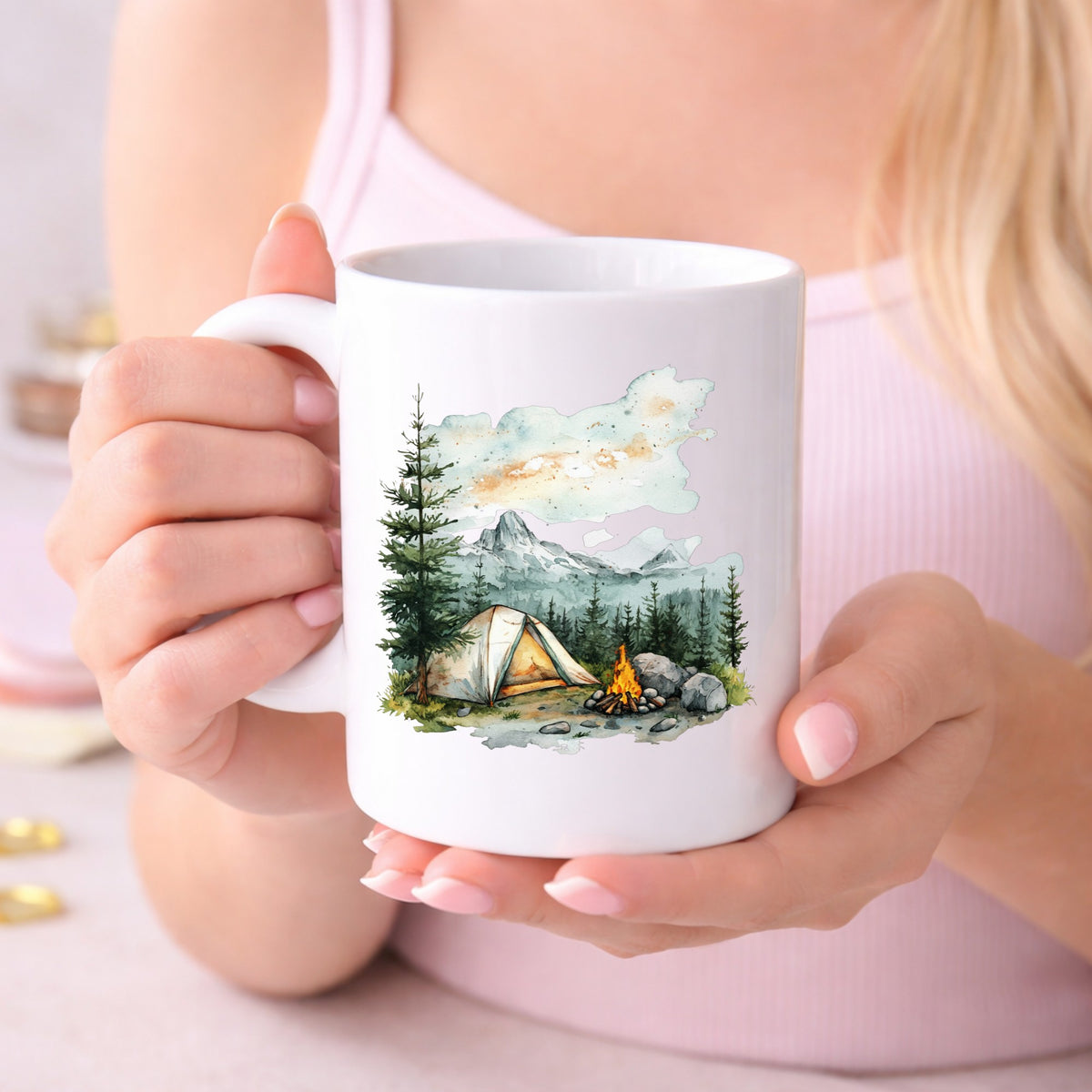Misty Mountain Campsite UV DTF sticker displayed on a white coffee mug