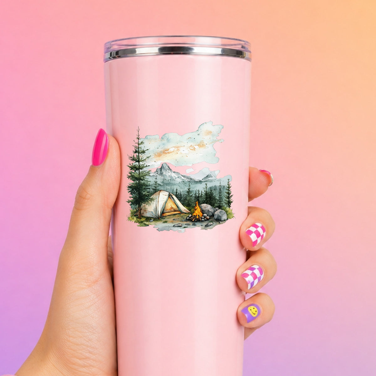 Misty Mountain Campsite UV DTF sticker applied to a pink tumbler