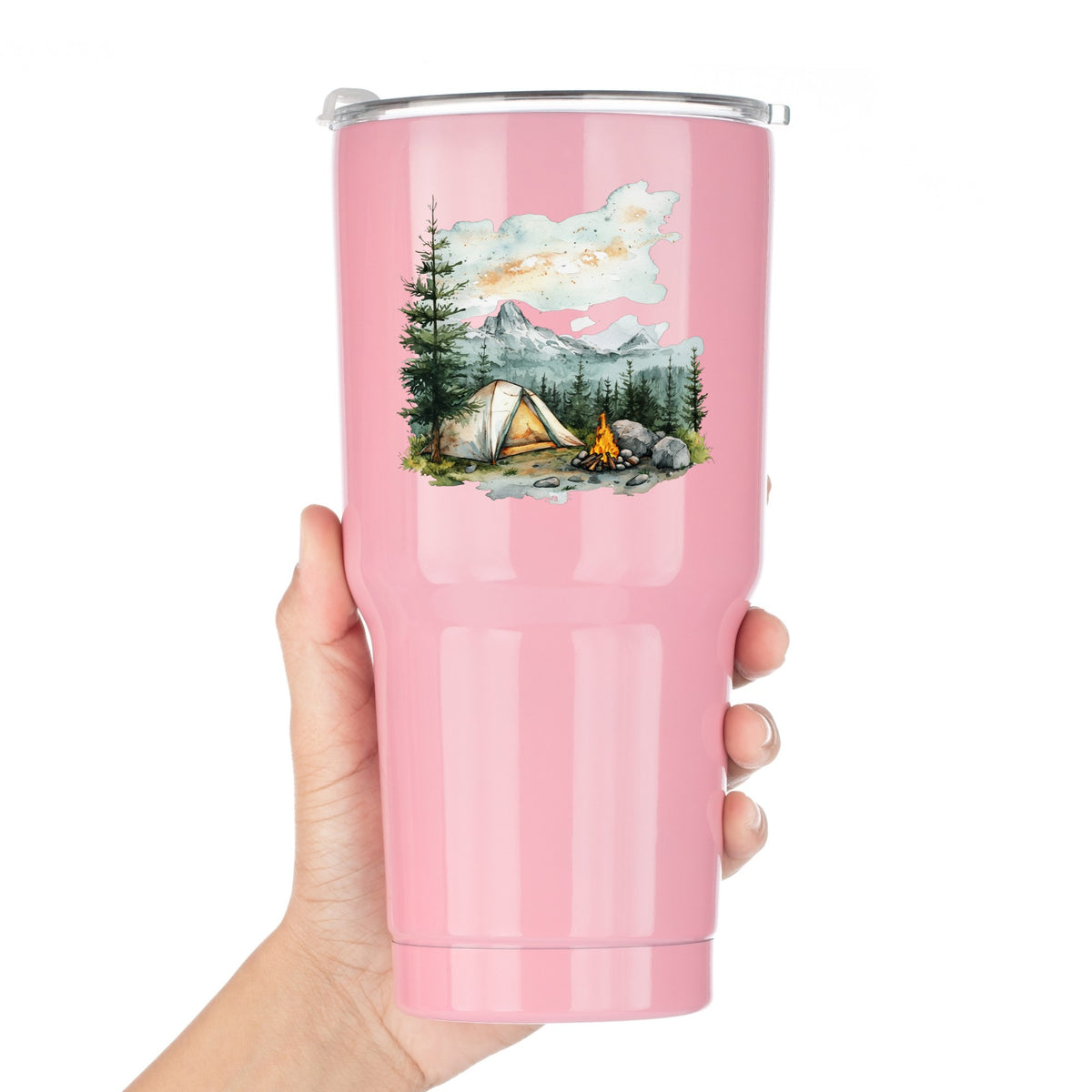 Misty Mountain Campsite UV DTF sticker applied to a pink tumbler