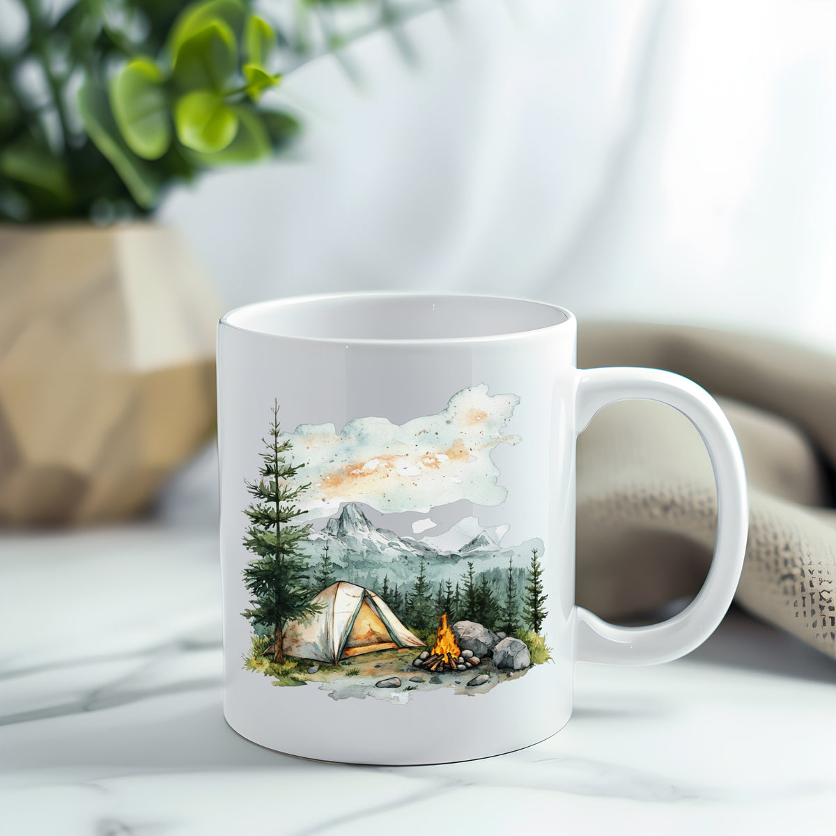 Misty Mountain Campsite UV DTF sticker applied to a white coffee mug