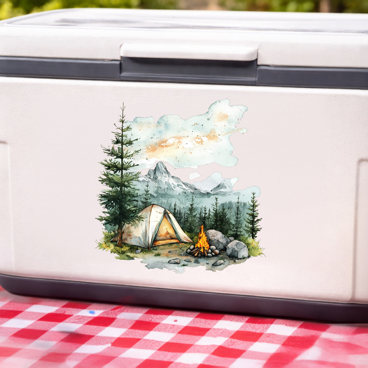 Misty Mountain Campsite UV DTF sticker applied to a white cooler
