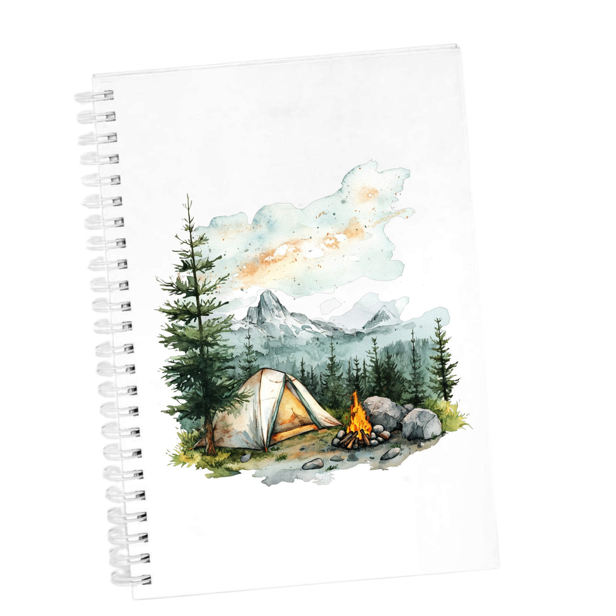 Misty Mountain Campsite UV DTF sticker applied to a white journal