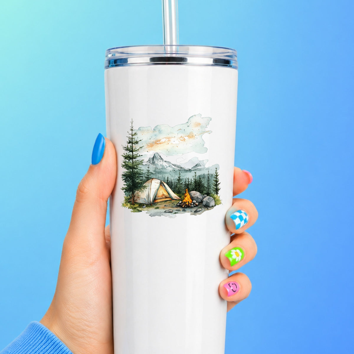 Misty Mountain Campsite UV DTF sticker applied to a white tumbler
