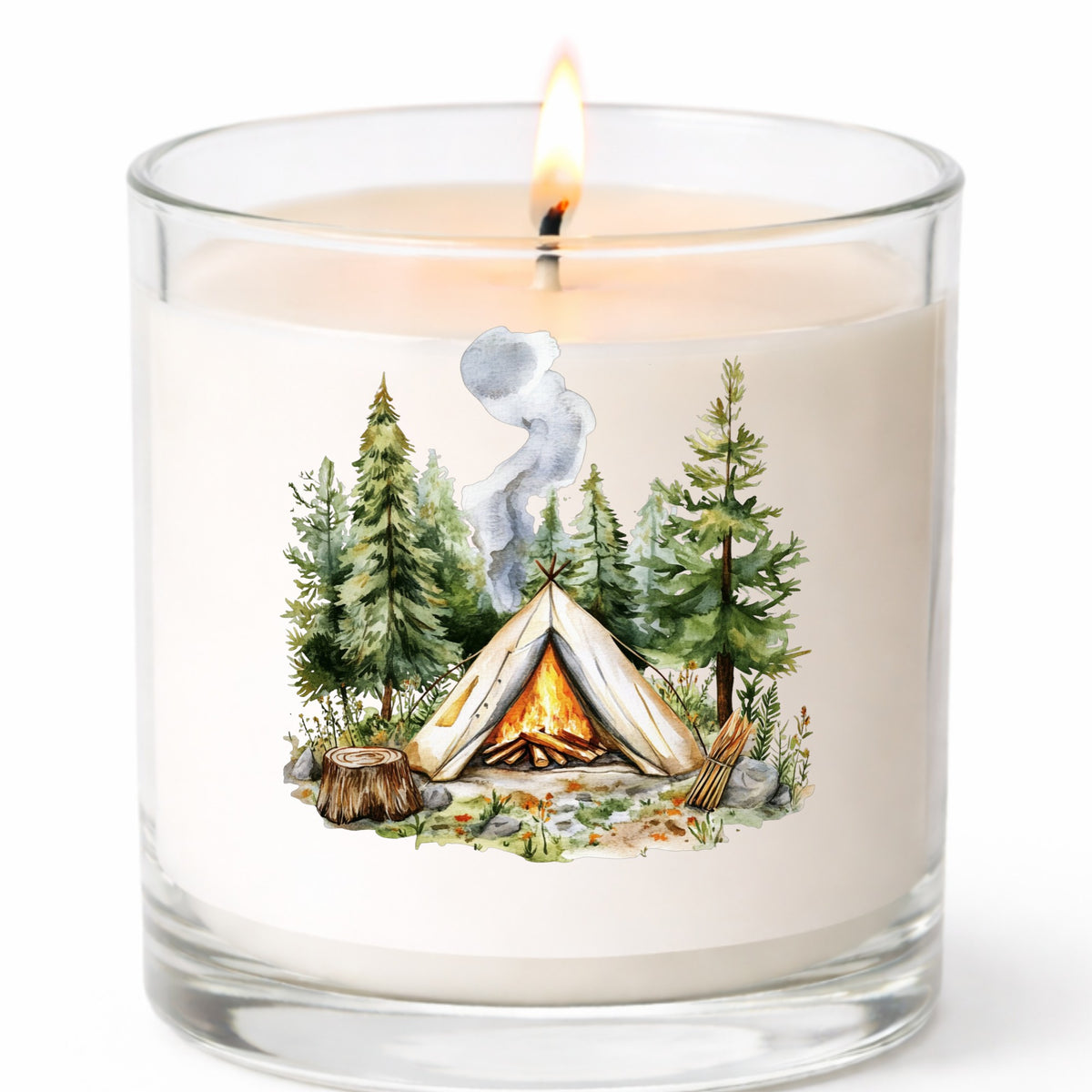 Canvas Teepee With Campfire UV DTF sticker applied to a candle jar