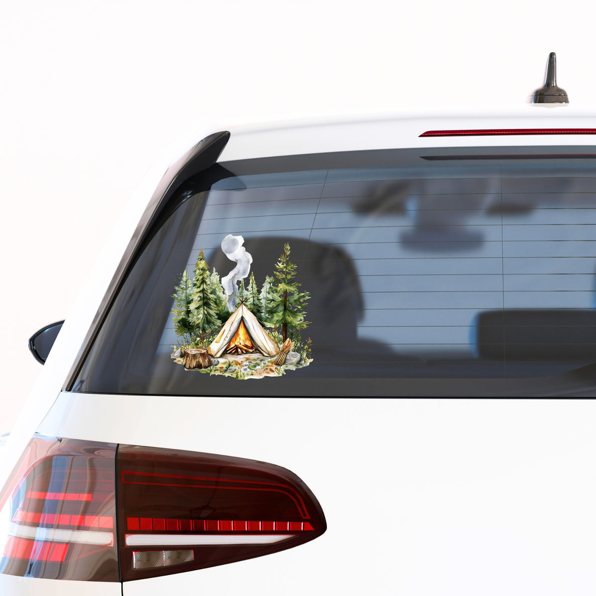 Canvas Teepee With Campfire UV DTF sticker applied to a car window