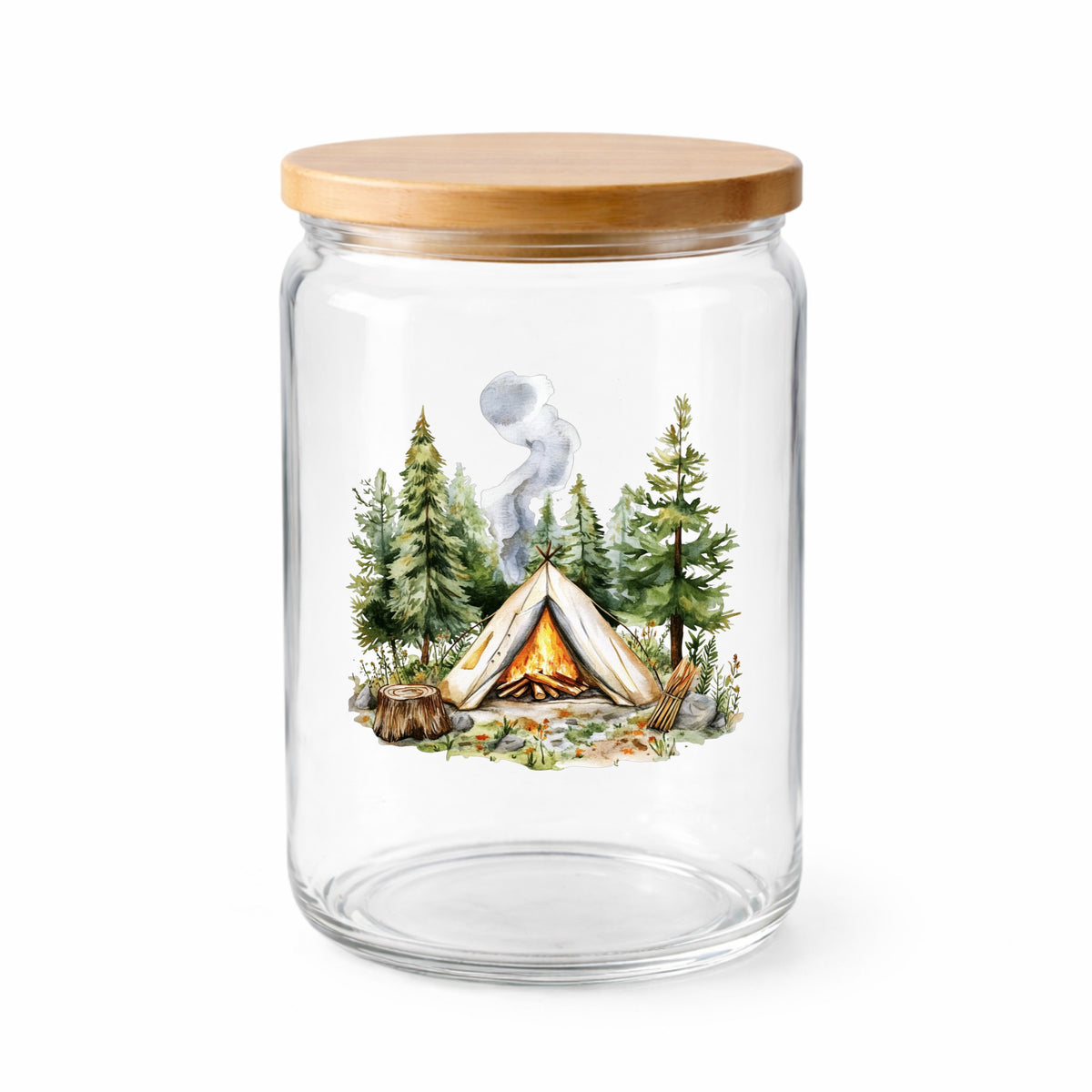 Canvas Teepee With Campfire UV DTF sticker applied to a clear glass jar with lid