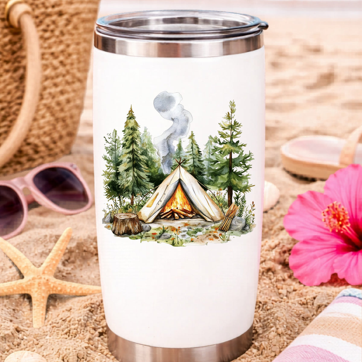 Canvas Teepee With Campfire UV DTF sticker applied to a water bottle at the beach