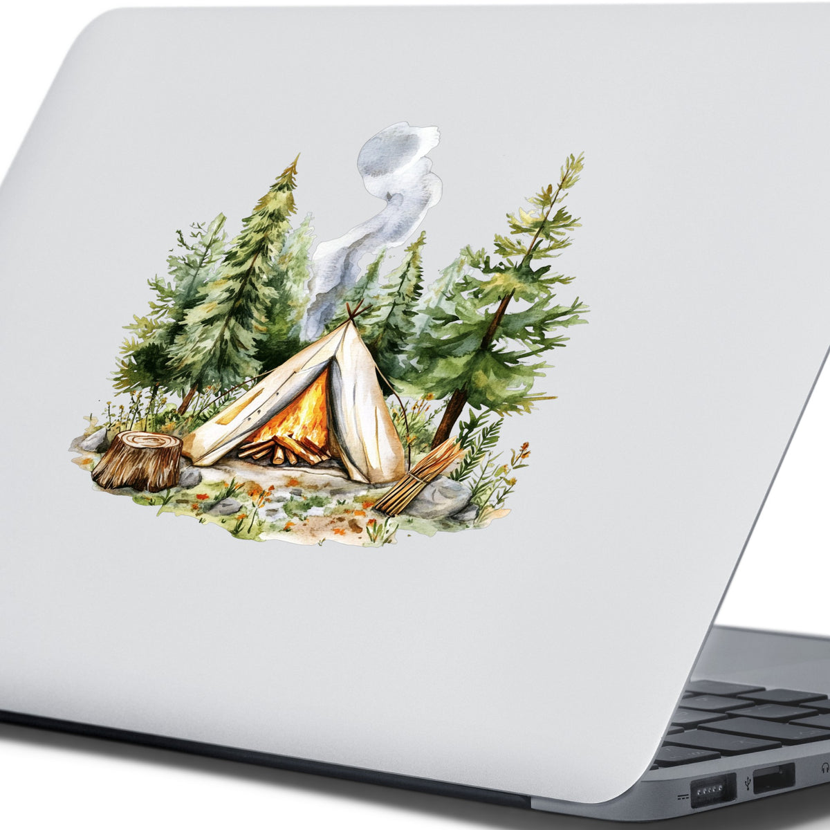 Canvas Teepee With Campfire UV DTF sticker applied to a laptop