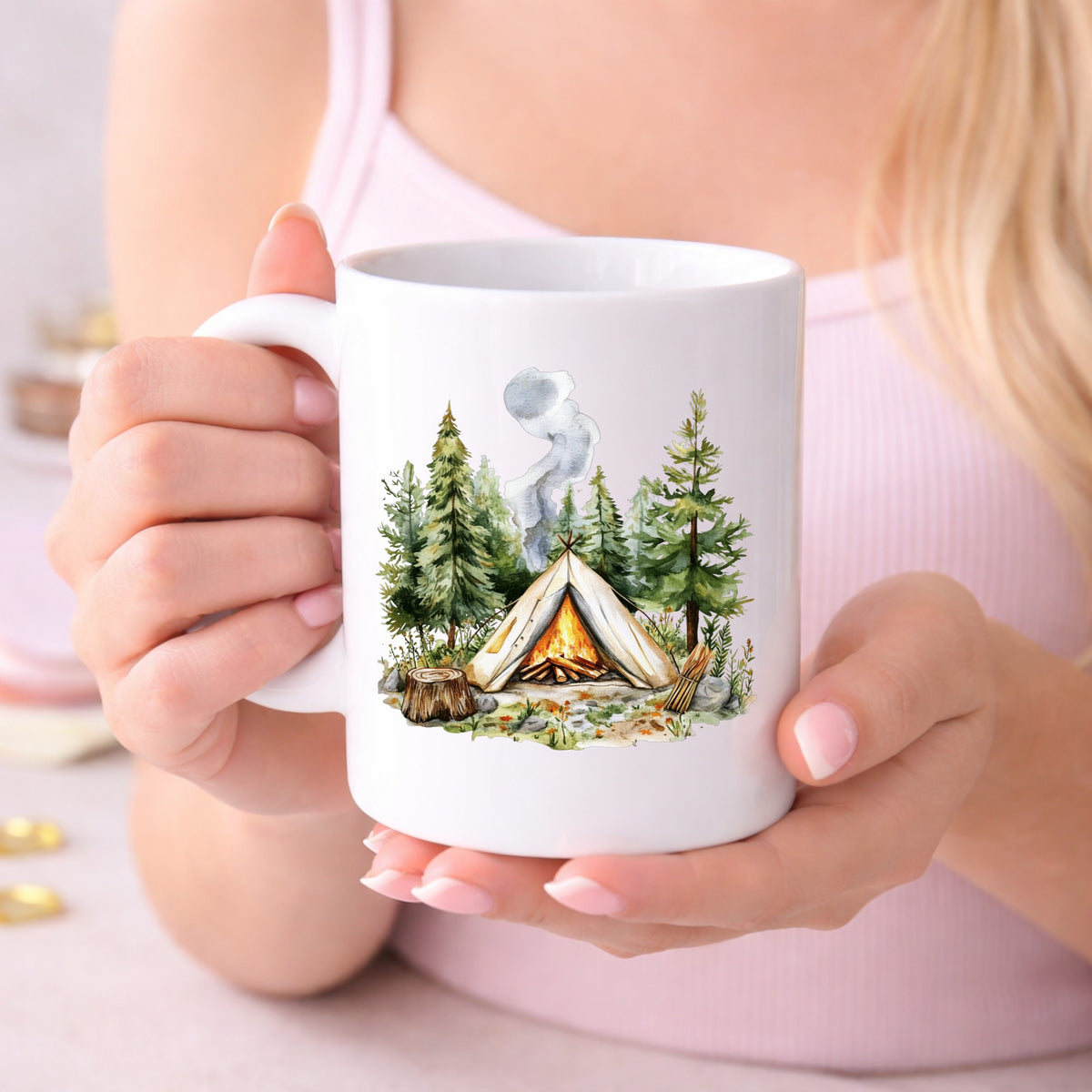 Canvas Teepee With Campfire UV DTF sticker displayed on a white coffee mug