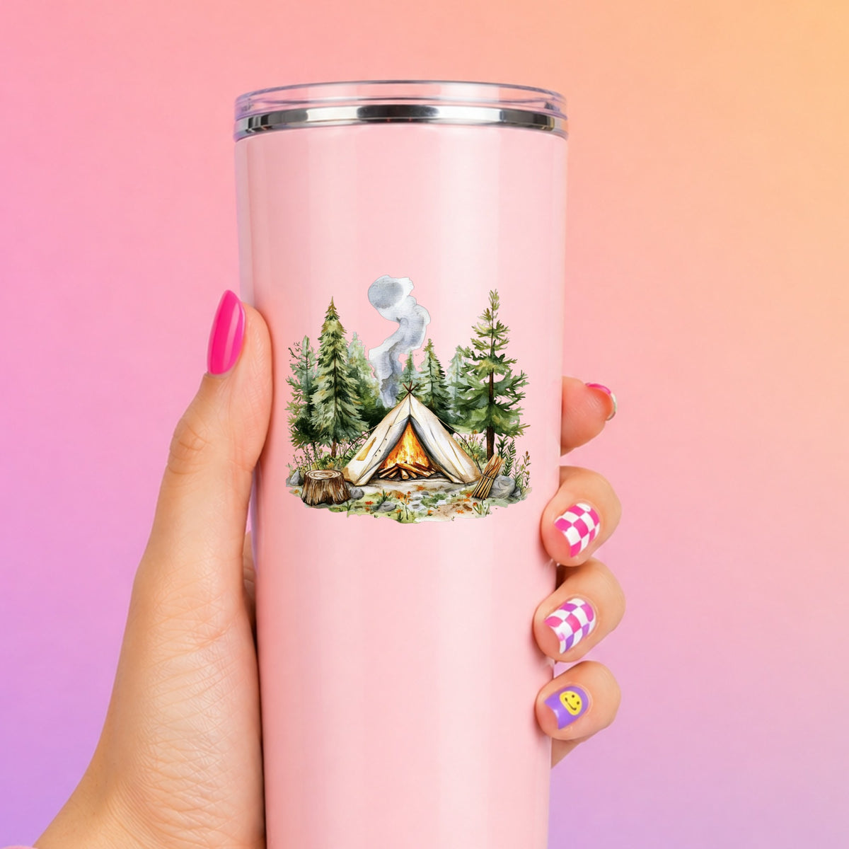 Canvas Teepee With Campfire UV DTF sticker applied to a pink tumbler
