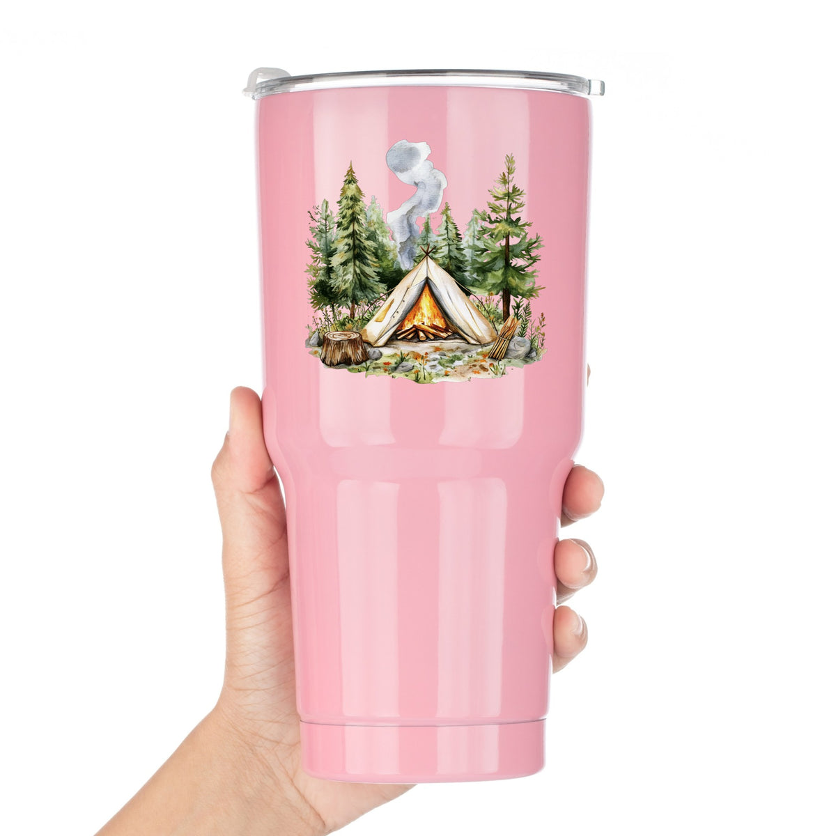 Canvas Teepee With Campfire UV DTF sticker applied to a pink tumbler