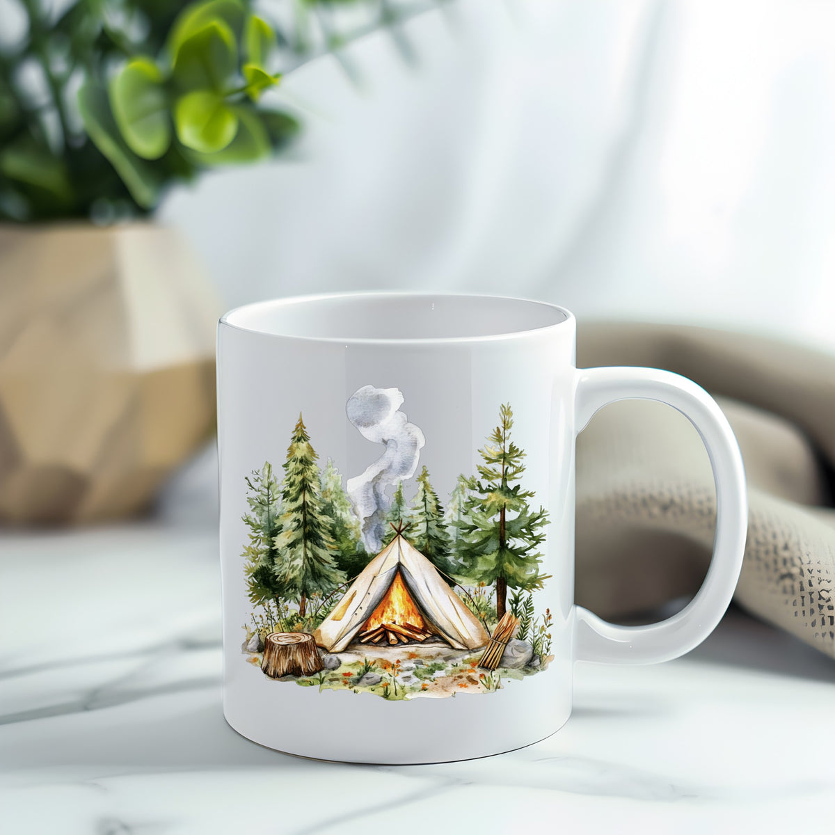 Canvas Teepee With Campfire UV DTF sticker applied to a white coffee mug