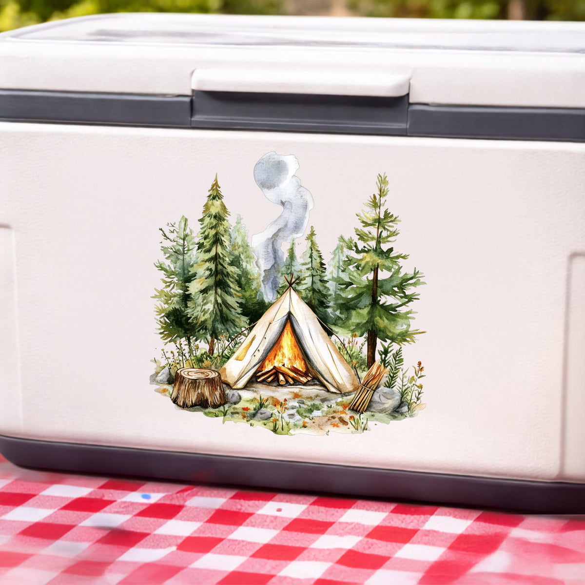 Canvas Teepee With Campfire UV DTF sticker applied to a white cooler