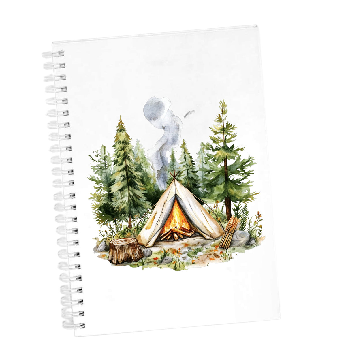 Canvas Teepee With Campfire UV DTF sticker applied to a white journal