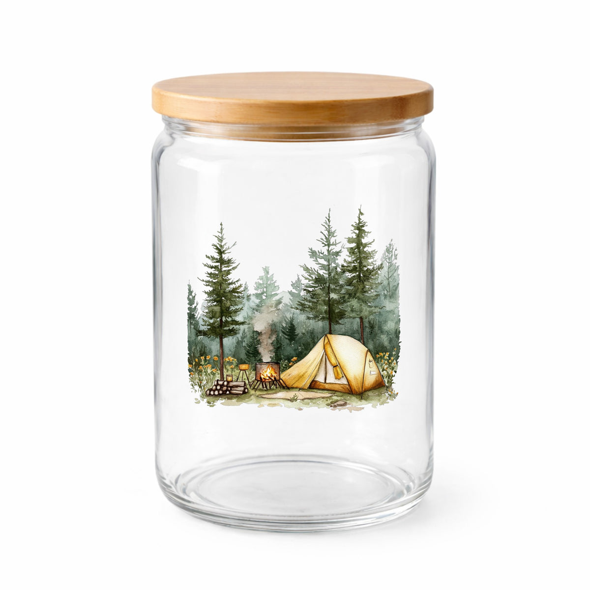 Wildflower Campsite UV DTF sticker applied to a clear glass jar with lid