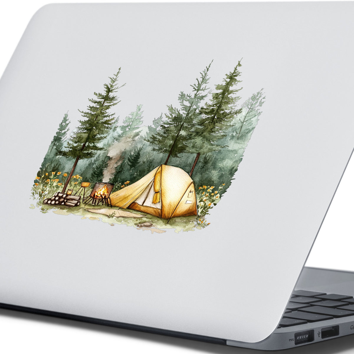 Wildflower Campsite UV DTF sticker applied to a laptop