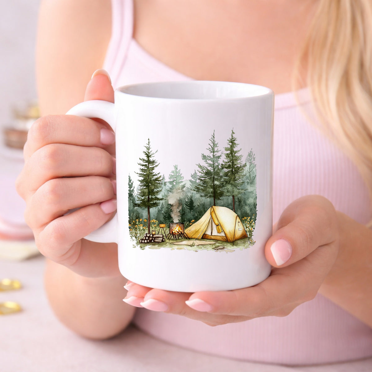 Wildflower Campsite UV DTF sticker displayed on a white coffee mug