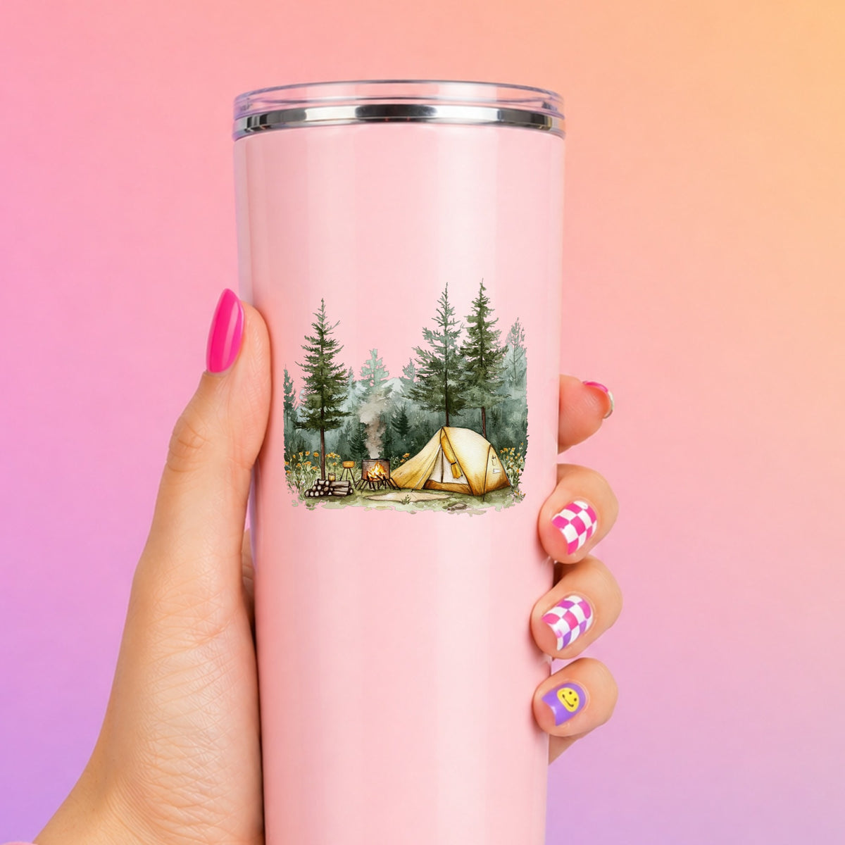 Wildflower Campsite UV DTF sticker applied to a pink tumbler
