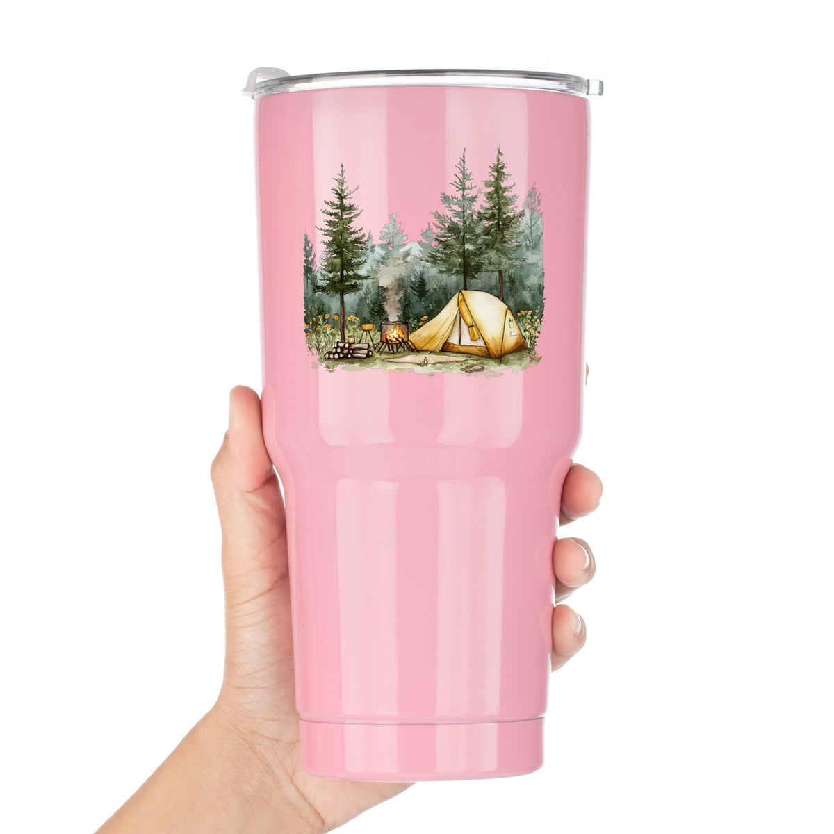 Wildflower Campsite UV DTF sticker applied to a pink tumbler