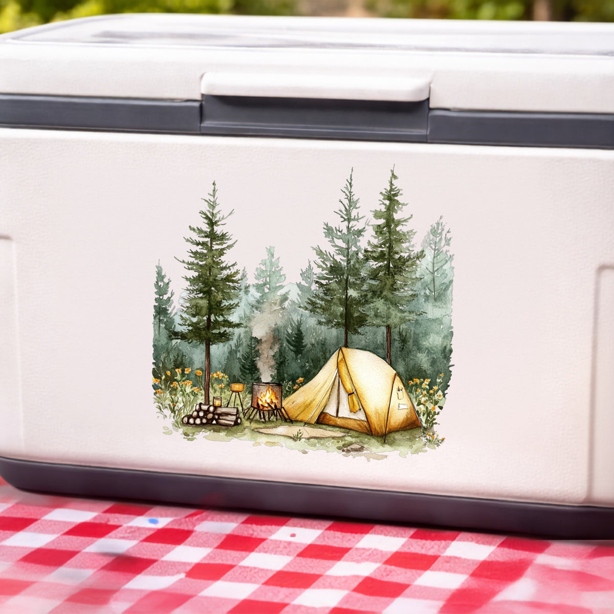 Wildflower Campsite UV DTF sticker applied to a white cooler