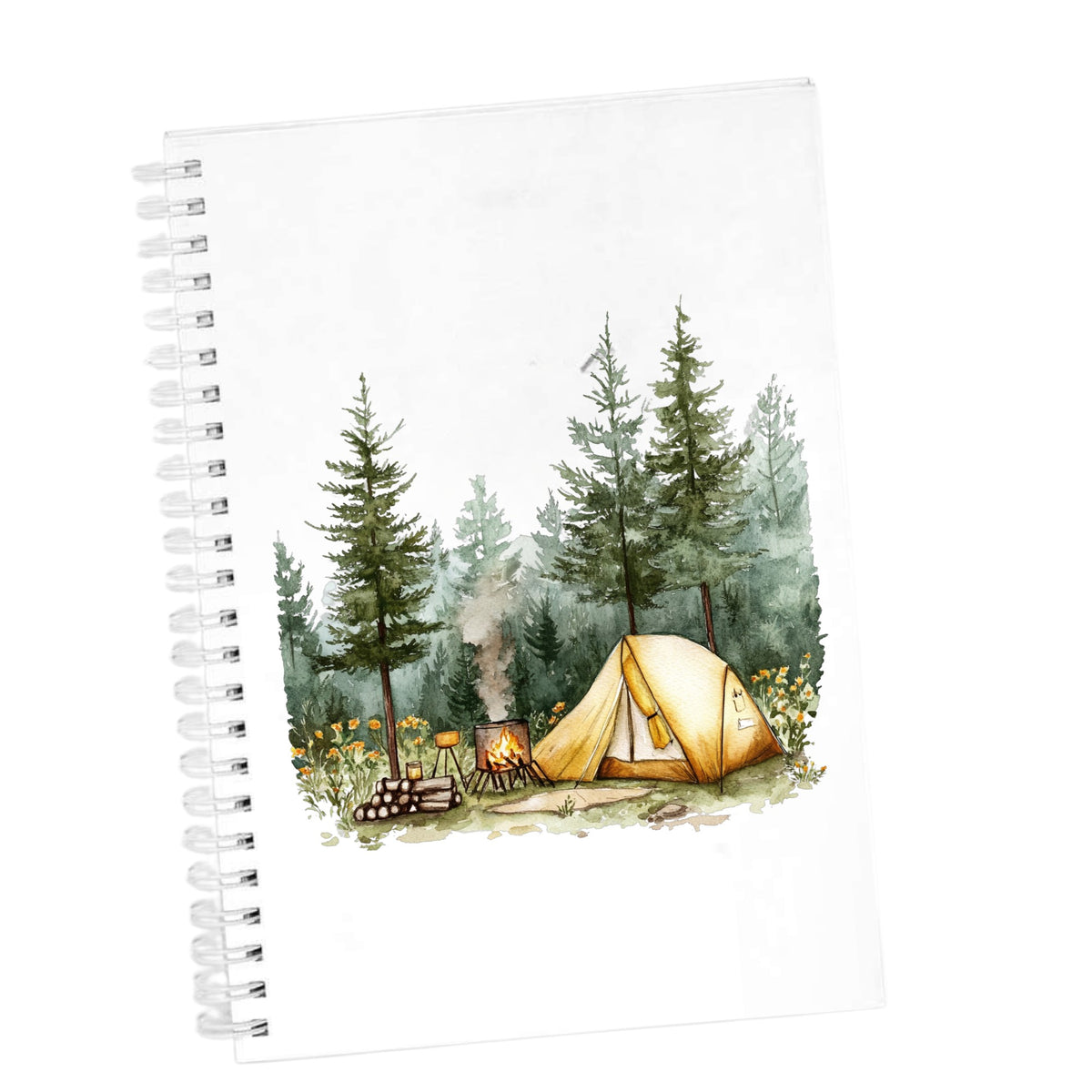 Wildflower Campsite UV DTF sticker applied to a white journal