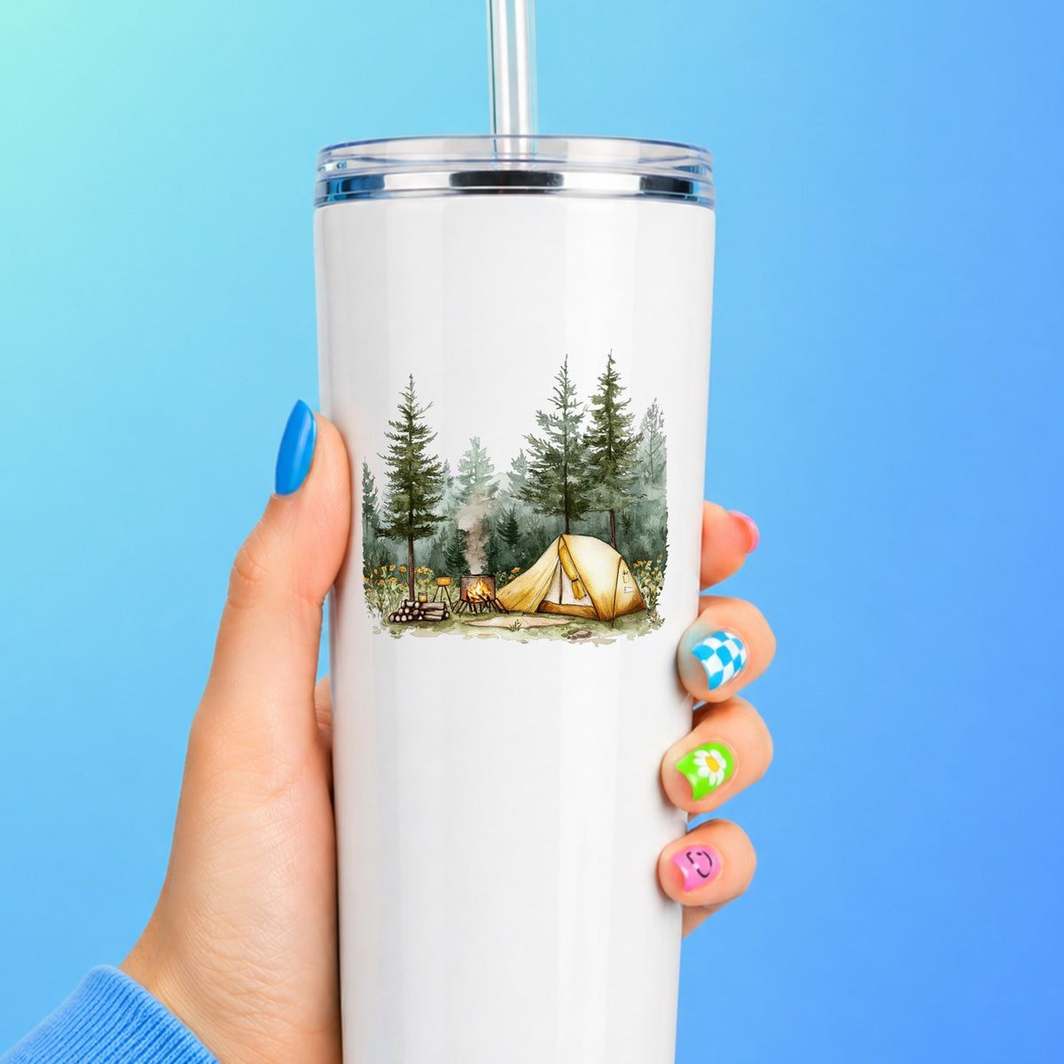 Wildflower Campsite UV DTF sticker applied to a white tumbler