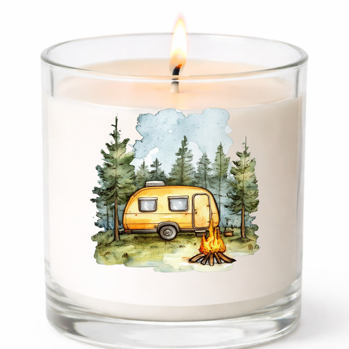 Yellow Camper Trailer UV DTF sticker applied to a candle jar