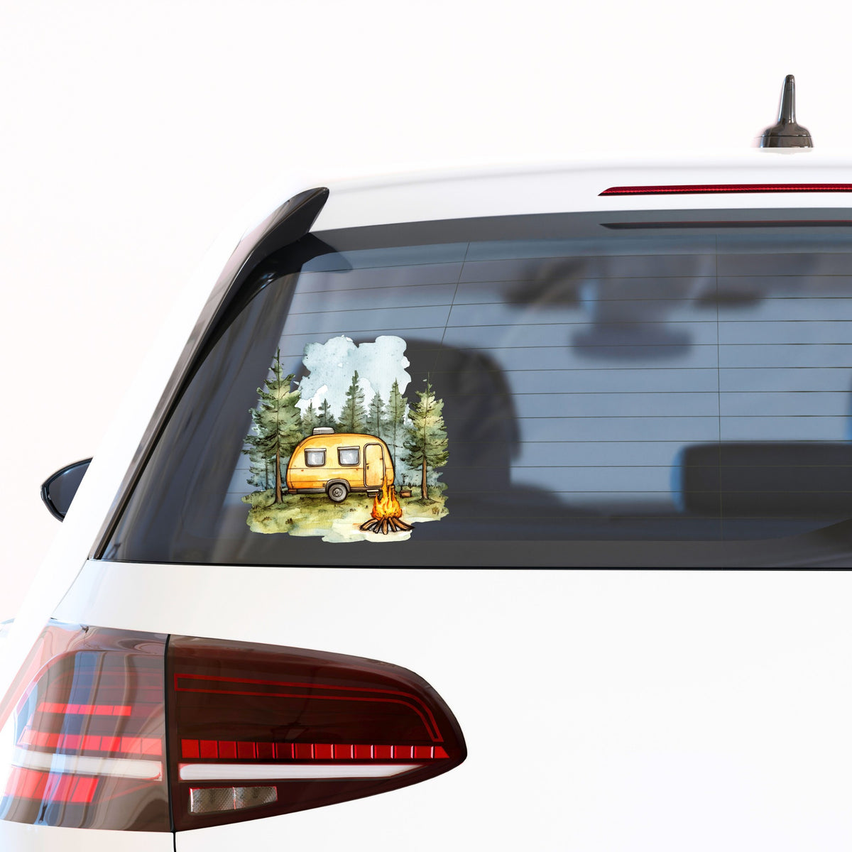 Yellow Camper Trailer UV DTF sticker applied to a car window
