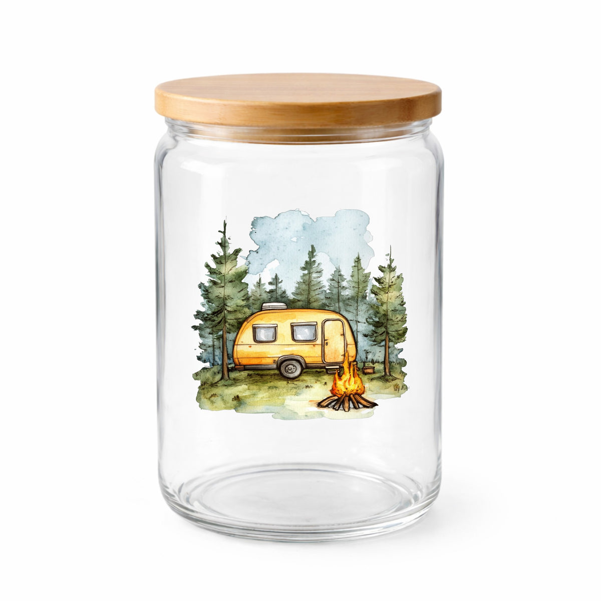 Yellow Camper Trailer UV DTF sticker applied to a clear glass jar with lid