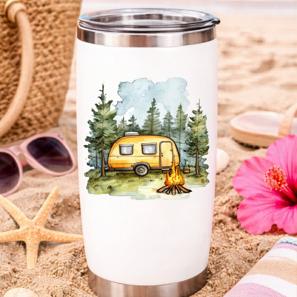 Yellow Camper Trailer UV DTF sticker applied to a water bottle at the beach