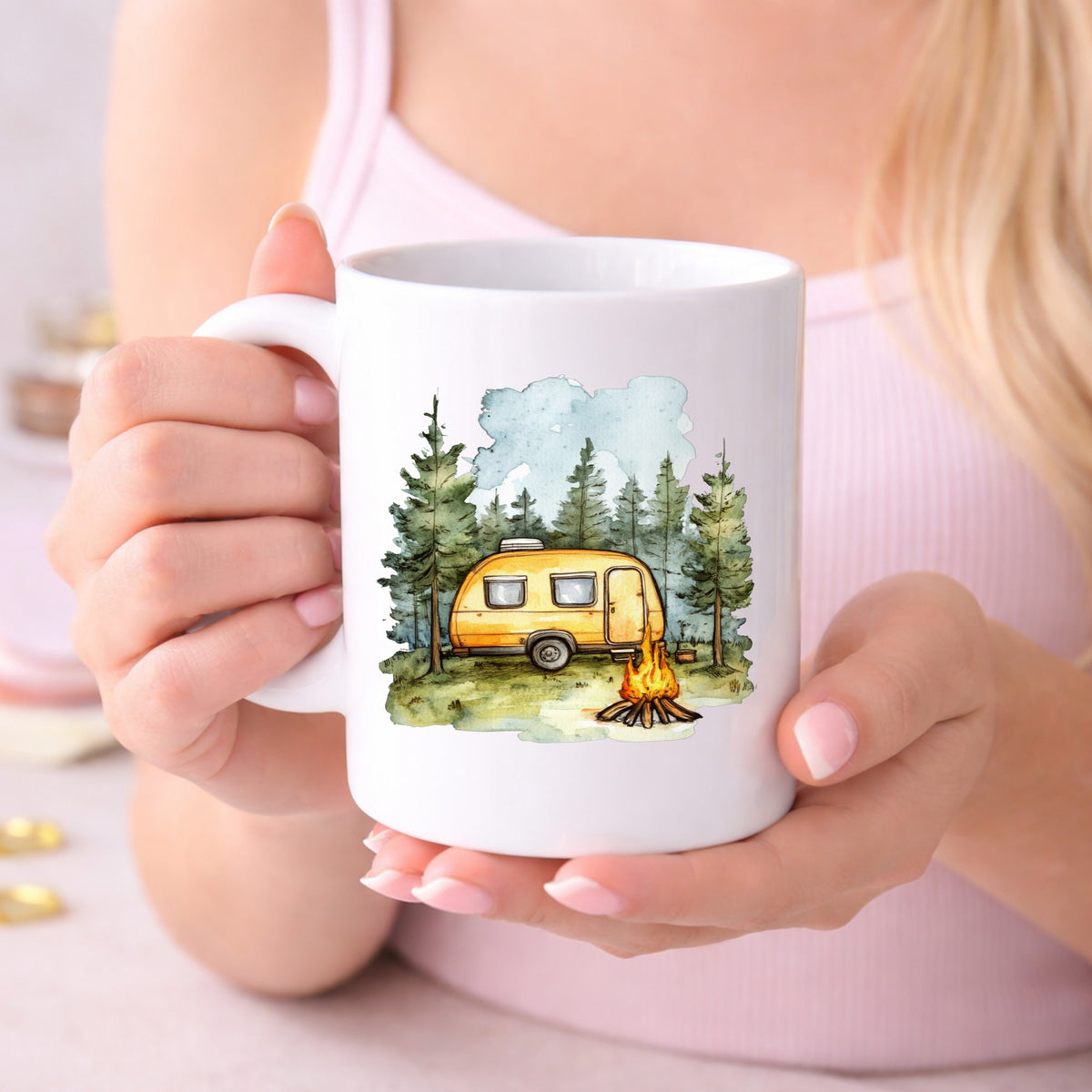 Yellow Camper Trailer UV DTF sticker displayed on a white coffee mug