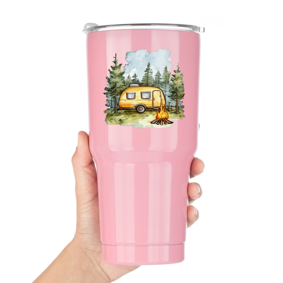 Yellow Camper Trailer UV DTF sticker applied to a pink tumbler
