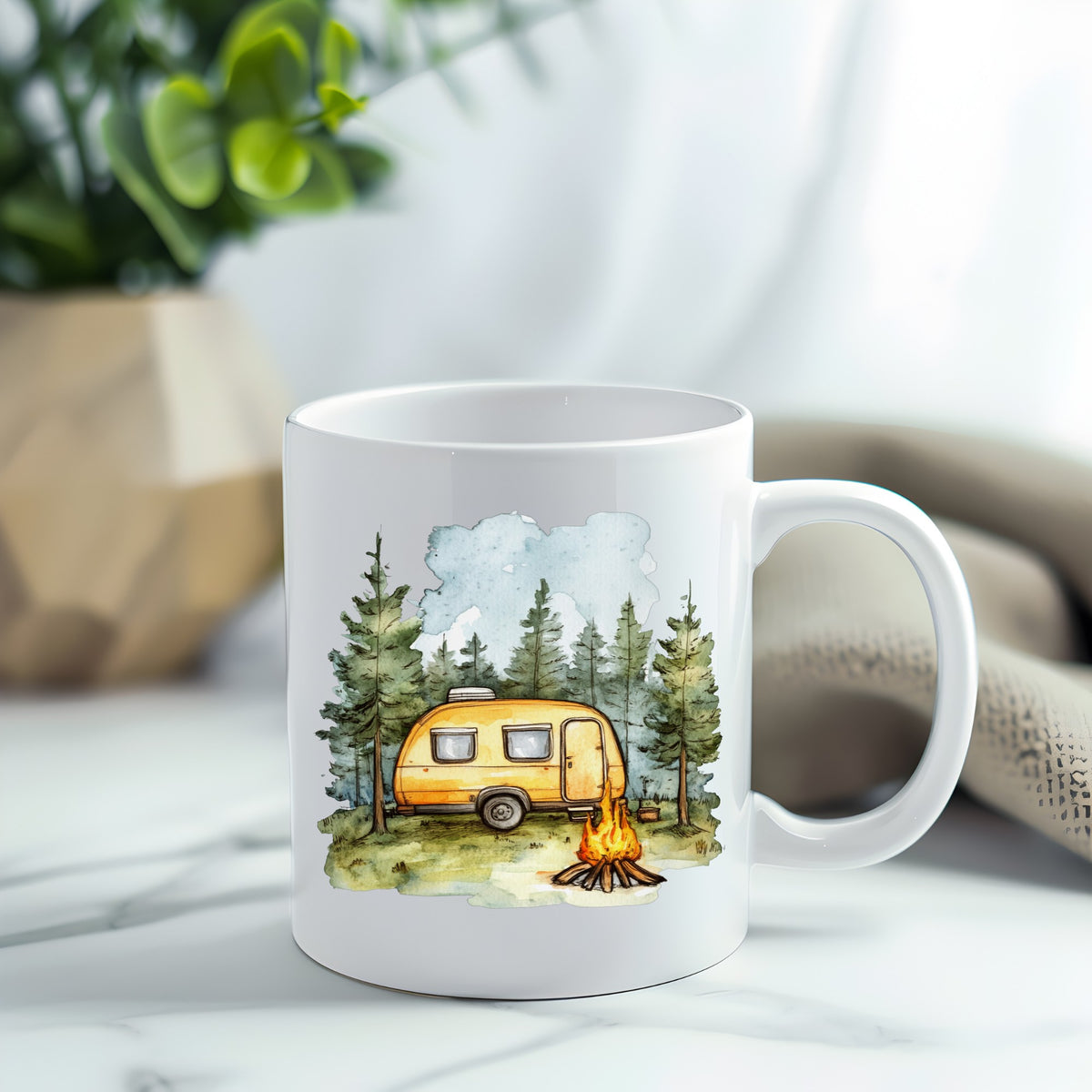 Yellow Camper Trailer UV DTF sticker applied to a white coffee mug