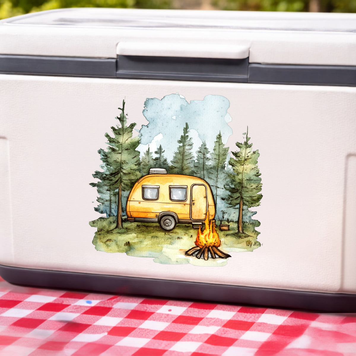 Yellow Camper Trailer UV DTF sticker applied to a white cooler