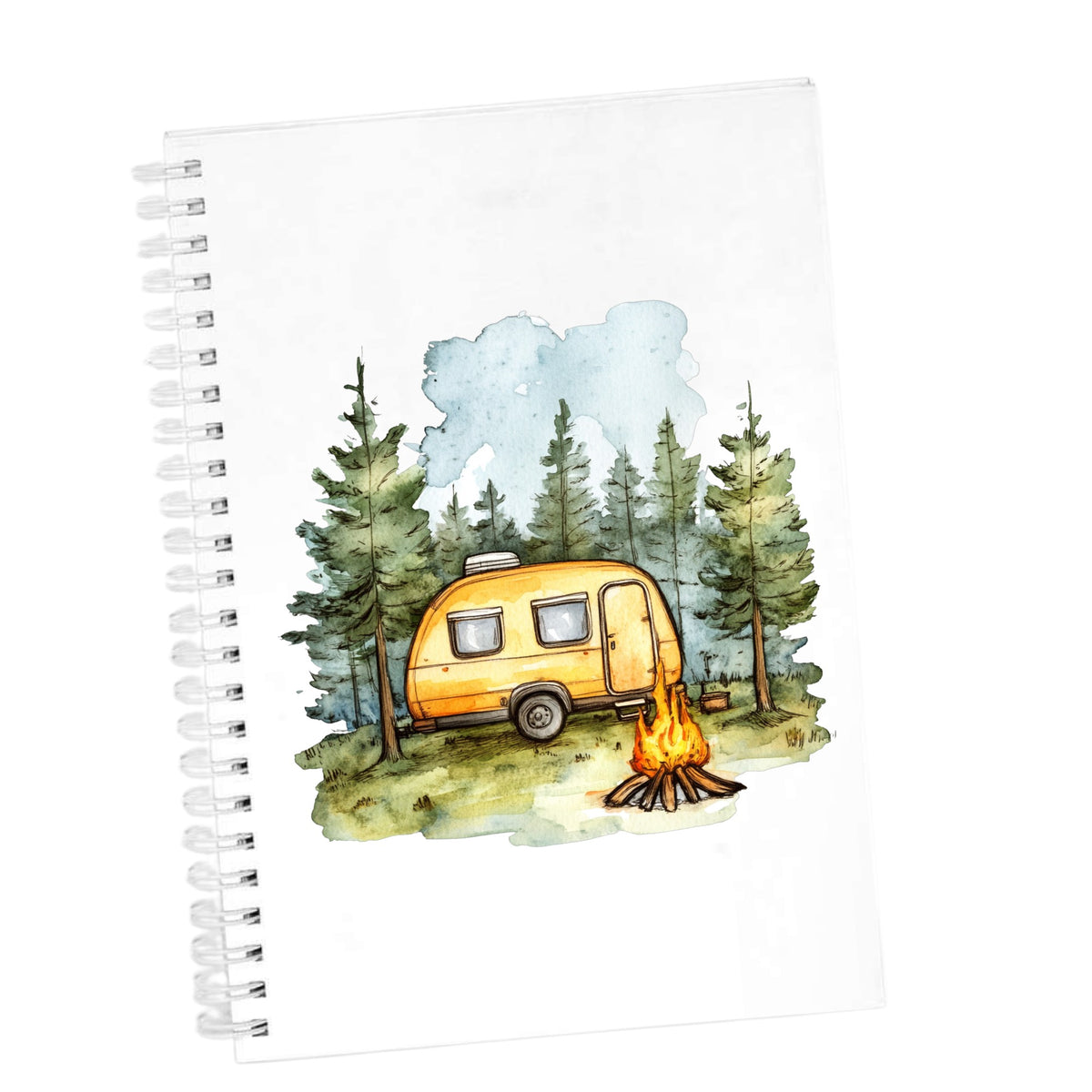 Yellow Camper Trailer UV DTF sticker applied to a white journal