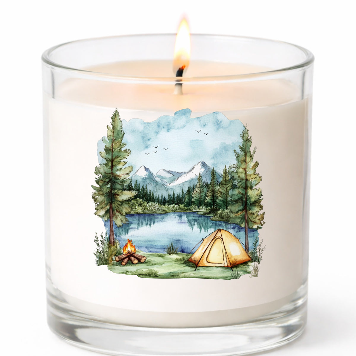Lake Campfire And Tent UV DTF sticker applied to a candle jar