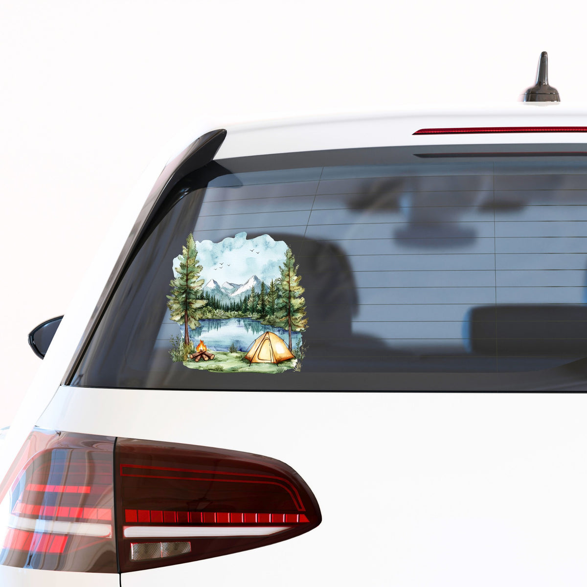 Lake Campfire And Tent UV DTF sticker applied to a car window