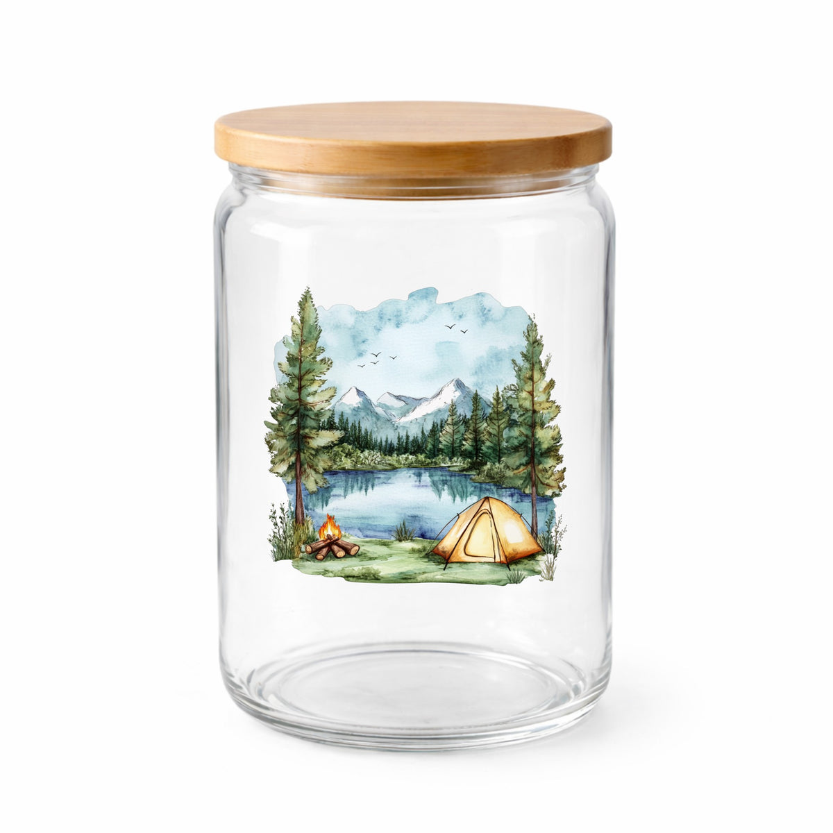 Lake Campfire And Tent UV DTF sticker applied to a clear glass jar with lid