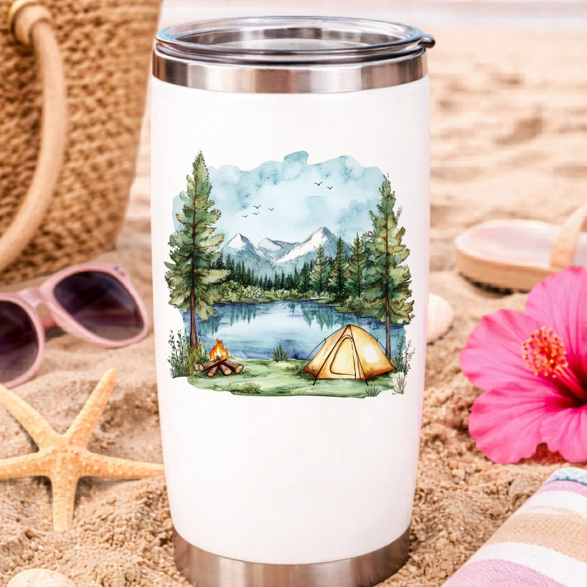 Lake Campfire And Tent UV DTF sticker applied to a water bottle at the beach