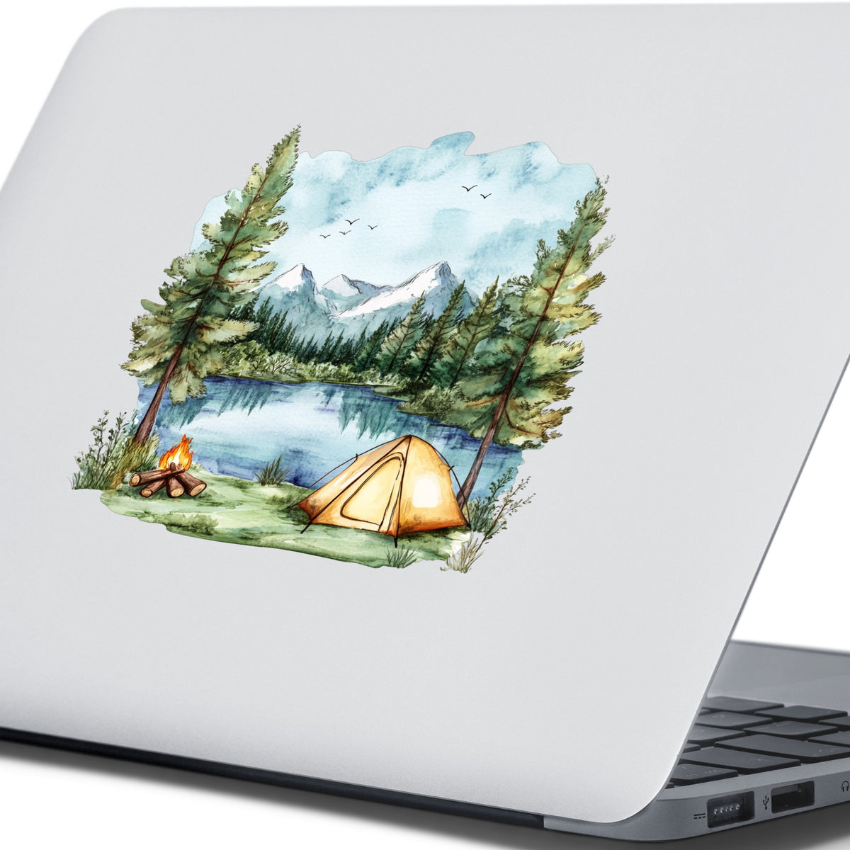 Lake Campfire And Tent UV DTF sticker applied to a laptop