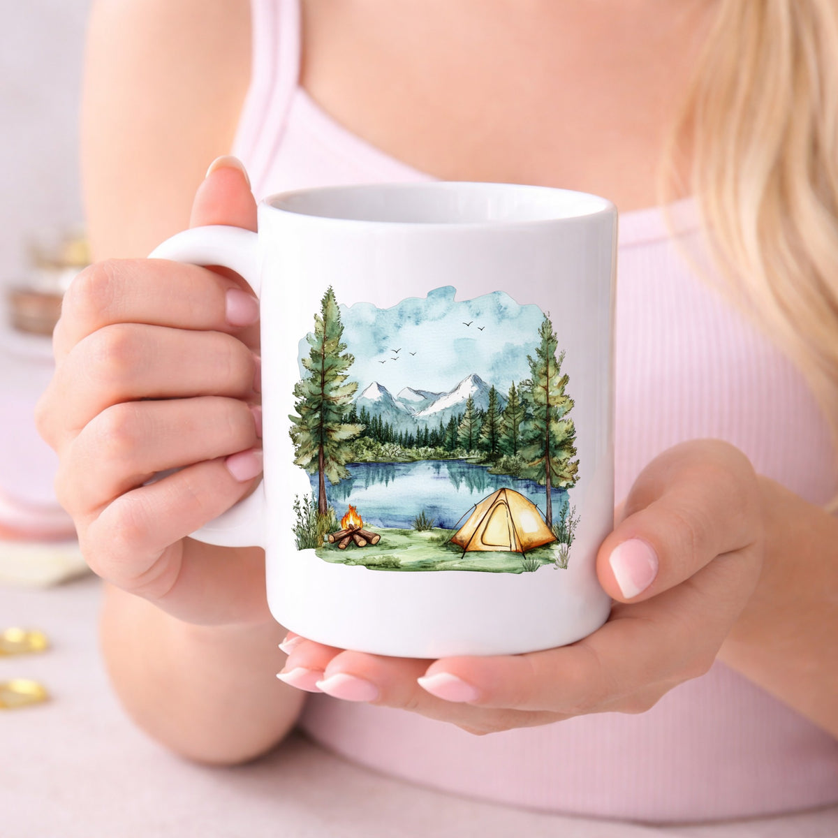 Lake Campfire And Tent UV DTF sticker displayed on a white coffee mug