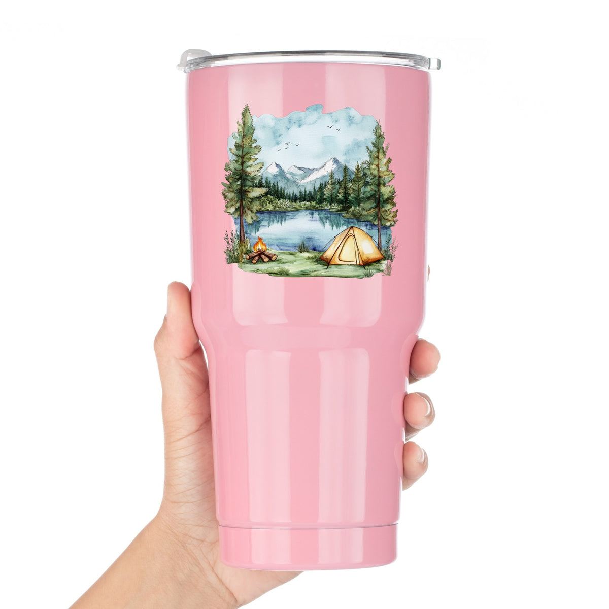 Lake Campfire And Tent UV DTF sticker applied to a pink tumbler