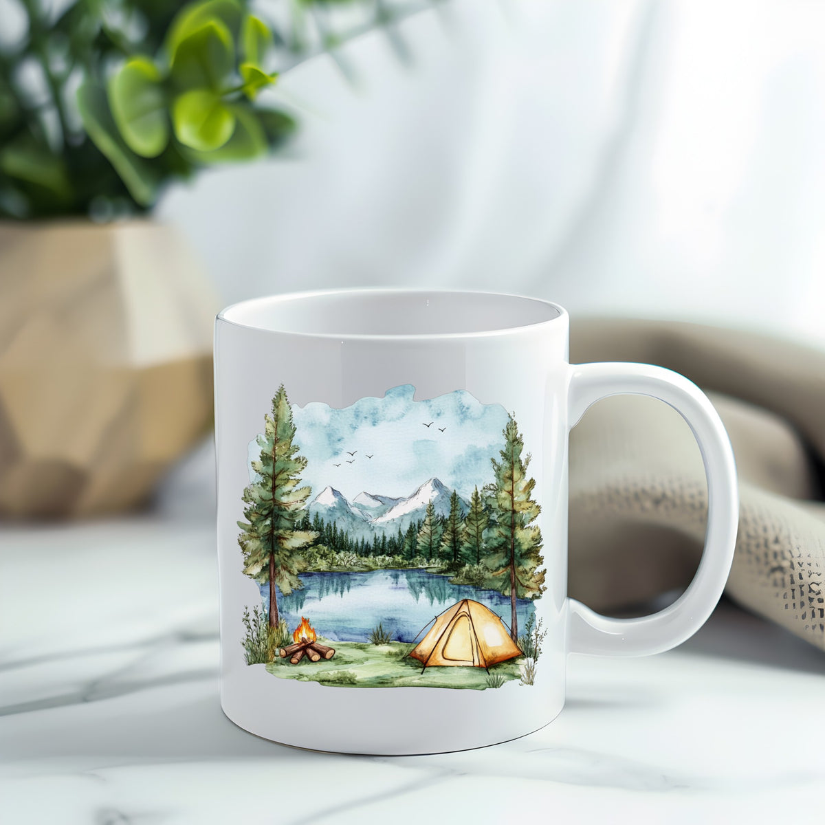 Lake Campfire And Tent UV DTF sticker applied to a white coffee mug